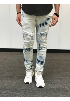 Patched Acid Wash Moto Style Jean