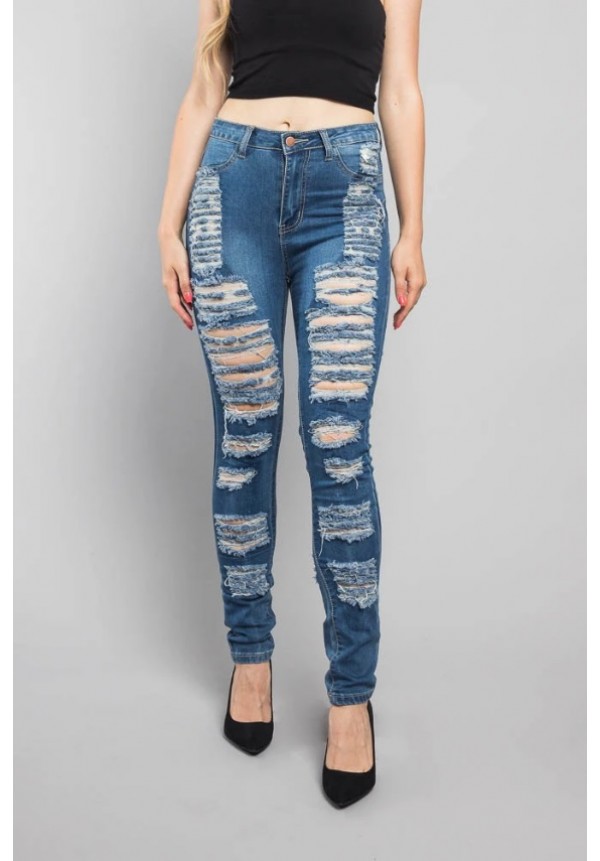 Double Distressed Denim Skinny Jeans (Blue)