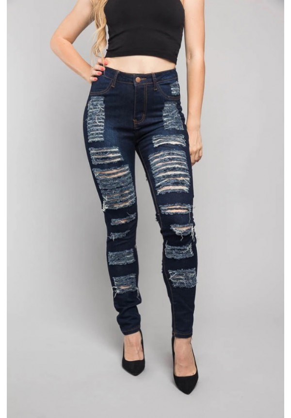 Double Distressed Denim Skinny Jeans (Dark Blue)
